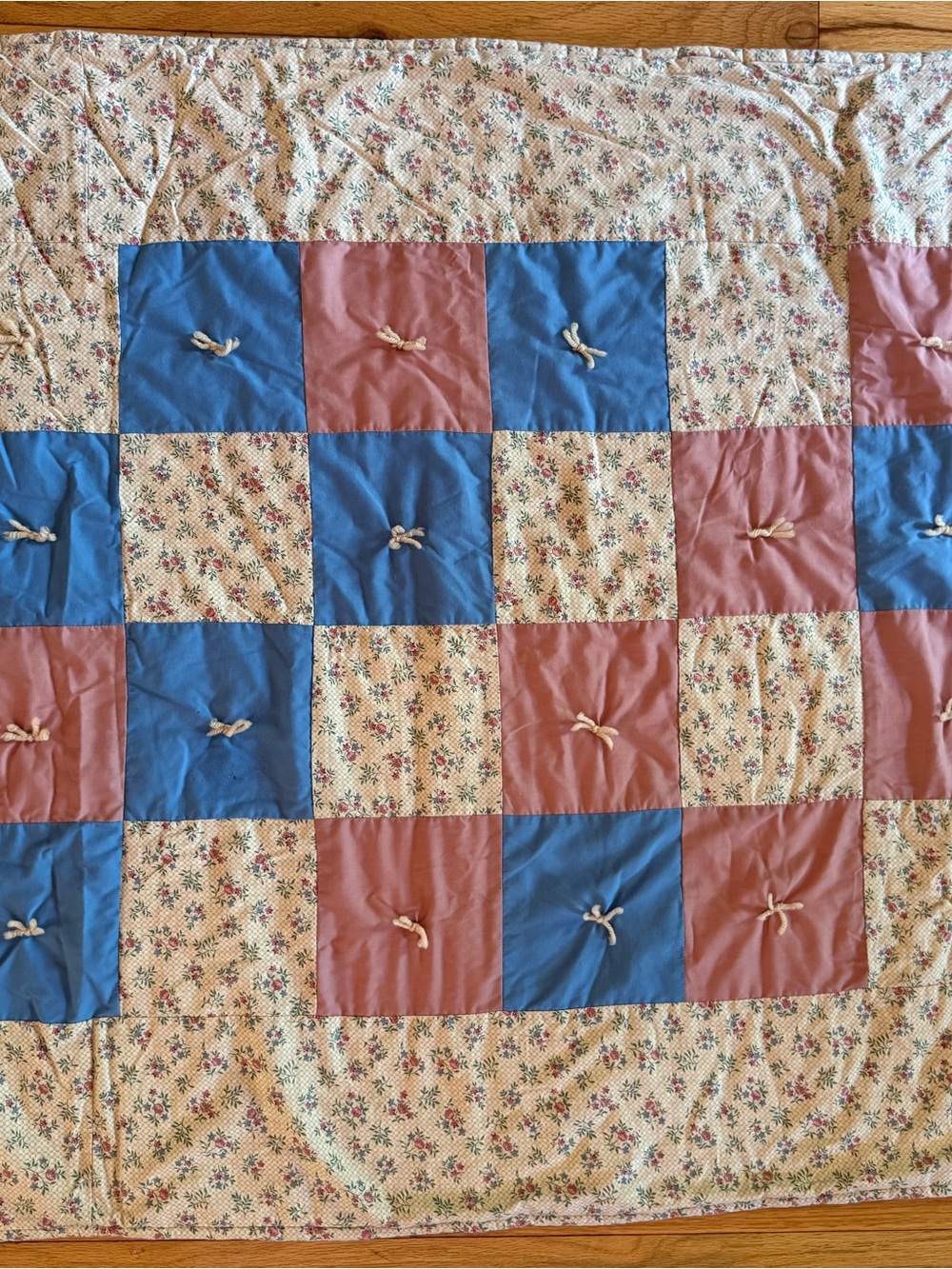 Handmade Cottage CoreQuilted Patchwork Throw in Blue, Rose, and Floral 36x44